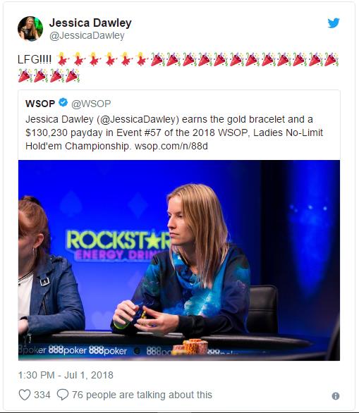 JESSICA DAWLEY赢得WSOP女士锦标赛冠军，入账$130,230
