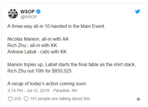 2018 WSOP主赛事9人决胜桌诞生！