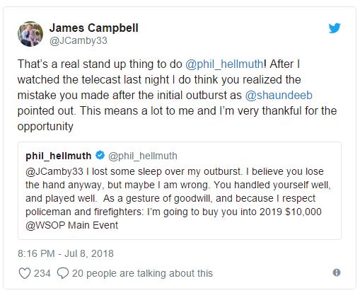 争议过后Phil Hellmuth为James Campbell支付2019年WSOP主赛事买入