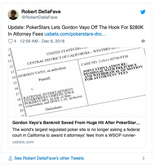 牌手的幸运：Gordon Vayo不用向PS支付$280k诉讼费！