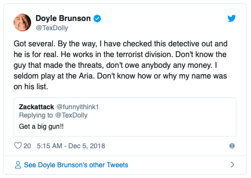 Doyle Brunson接到警探奇怪电话，说有人告他威胁恐吓