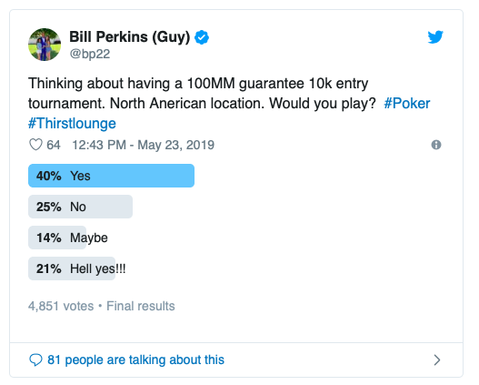 Bill Perkins想举办一场1亿美元保底奖池的锦标赛？！